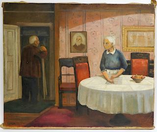 American Interior Genre Painting of Husband & Wife