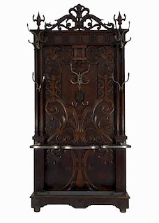 19C French Carved Oak Wood Cane Stand Hall Tree