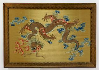 19C Chinese Gold Thread Five Toed Dragon Textile