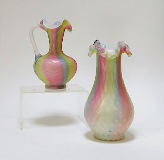2PC Victorian Quilted Rainbow Satin Glass Vases