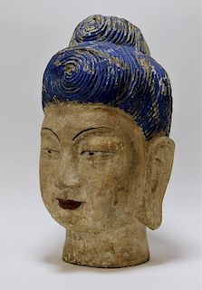Chinese Polychrome Carved Wood Buddha Head