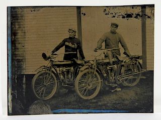 C.1900 Tin Type Photograph of Men & Motorcycles