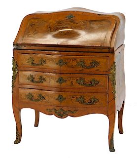 French Inlaid Marquetry Bombe Slant Front Desk