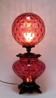 Victorian Coin Spot Cranberry Glass Banquet Lamp