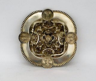 1938 Portuguese Sterling Silver Repousse Coin Tray