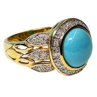 Estate 14K Gold Turquoise & Diamond Lady's Ring