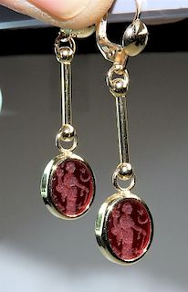 PR 14K Gold Intaglio Cut Red Cameo Glass Earrings