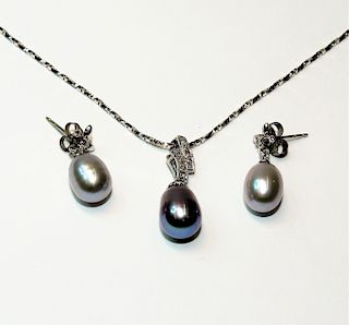 14K White Gold Smokey Pearl Necklace & Earrings