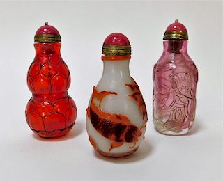 3PC Chinese Peking Glass Overlay Snuff Bottles