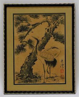 Japanese Meiji Period Ink Drawing of Two Cranes