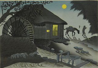 Bakufu Ohno Nocturnal Water Mill Woodblock Print