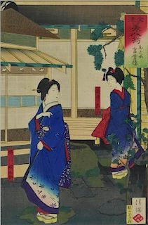 19C Japanese Woodblock Print of Geisha in a Garden