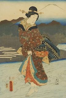 Utagawa Kunisada Woodblock of a Geisha in a River