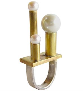 Heidi Abrahamson Faux Pearl Brass Sterling Silver Architectural Post Modern Cocktail Ring