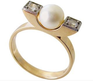 Elis Kauppi Diamond Pearl Gold Finnish Modernist Ring