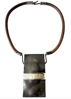 Handmade 1970s Organic Modernist Silver Pendant on Leather Hippie Necklace