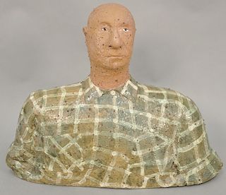 Jill Crowley (B1946), untitled ceramic bust of man with glazed green plaid shirt, signed Jill Crowley, back right shoulder. ht. 18 1/2 in.