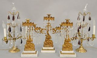 Five piece lot to include pair of French bronze and crystal candelabrum, each sconce with three lights to include amethyst and clear prisms along with