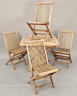 Six piece lot to include five teak bistro outdoor set, table and four chairs along with teak rocking chairs. table: ht. 29 1/2 in., top: 35 1/2" x 35 