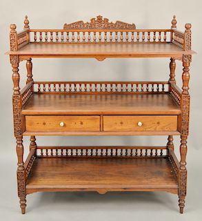 Country three tier shelf with carved spindle gallery top and two drawers, ht. 56 1/2 in., wd. 50 in. 