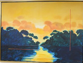 Oil on canvas titled "Dawn," signed lower right illegibly. 52" x 72"