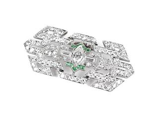 An Art Deco diamond, emerald and platinum brooch