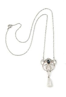 An Edwardian diamond, sapphire and pearl pendant