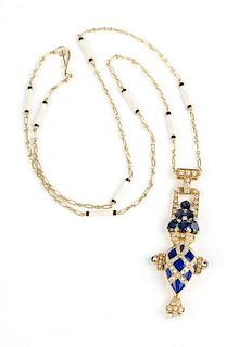 A sapphire, diamond and enamel pendant and chain