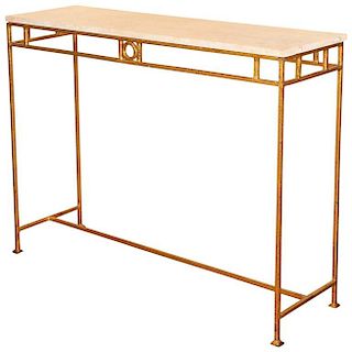 French Gilt Metal Console Table w Travertine Top
