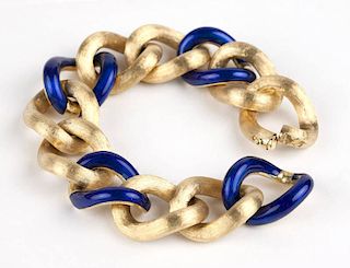 A gold and blue enamel large link bracelet