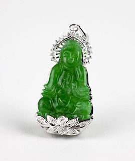 A jadeite and diamond pendant of Quan Yin