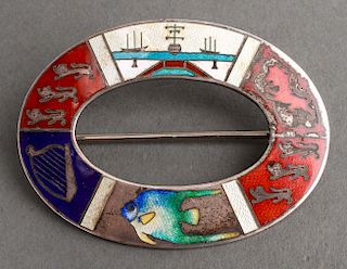 Silver & Enamel Oval Brooch w Fish, Harp, & Ships