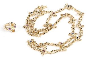 A gold and gem chain necklace and ring, Chanel
