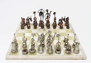 Onyx Chess Board w Brutalist Motif Metal Pieces