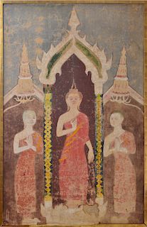Southeast Asian Temple & Figures Tempera on Canvas