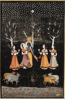 Indian "Krishna & Gopis" Gouache on Linen