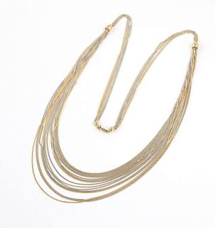 A bi-color gold bib multi-strand chain necklace
