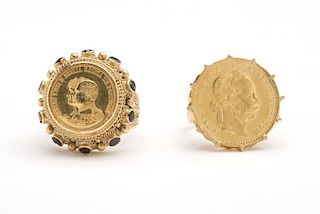 A group of two gold coin rings