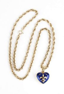 A gold and blue enamel heart pendant, Faberge