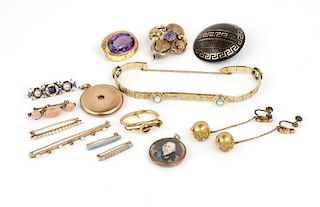 A group of six antique gold and gem jewelry