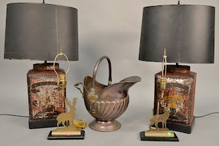 Five piece group to include a pair of told painted container lamps, pair of brass deer stag lamps and a copper coal pale.