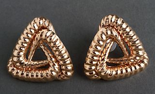 14K Yellow Gold Triangular Earrings, Pair