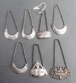 Silver Liquor Tag Assortment, Group of 7