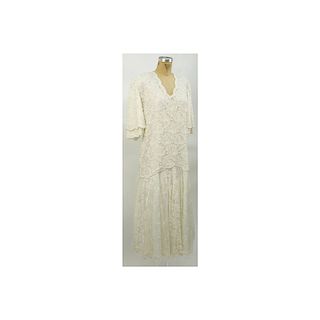Vintage Ivory Color Beaded and Sequined Evening Dress. Some stain