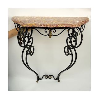 Vintage French Style Wrought Iron Console Table with marble top. 