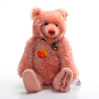 ROSE COLORED BEAR; ARTICULATED; LEATHER COLLAR, BELL