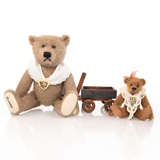GROUP OF 2 GERMAN TEDDY BEARS WITH WOODEN WAGON