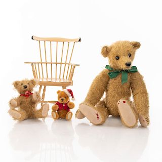 GROUP OF 2 TEDDY BEARS, CHAIR AND TOY, ARTIST SIGNED