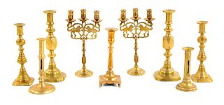 Nine Brass Candlesticks and Candelabras<br>18TH/1