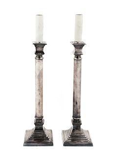 A Pair of Silver-Plate Columnar Lamps<br>20TH CEN